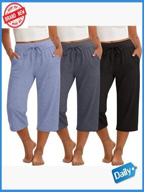 3 Pack Plus Size Capri Pants Drawstring Sweatpants Cropped with Pockets